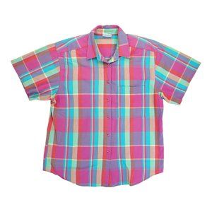 Koret Vibrant Pink & Turquoise Plaid Short Sleeve Button-Down
